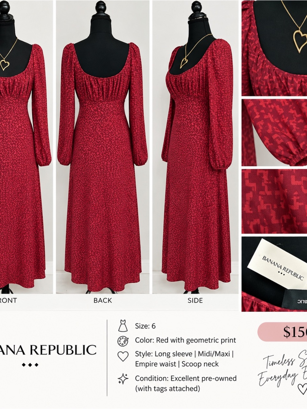 Banana Republic Red Geometric-Print Long Sleeve Midi/Maxi Dress